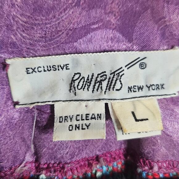 VTG 80s Ron Fritts Colorful Boucle Sweater With Purple Floral Sleeves, sz Large - Picture 7 of 8